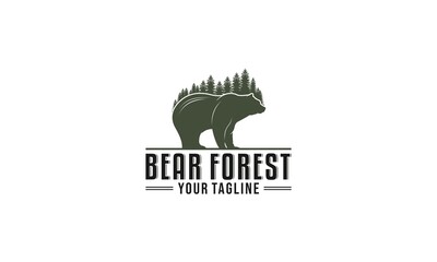 bear forest logo with illustration of a bear having a dense forest back depicting the bear's habitat