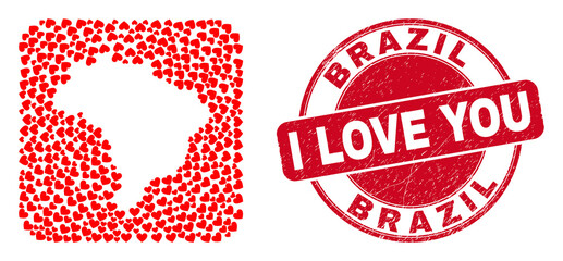 Vector collage Brazil map of lovely heart items and grunge love seal. Collage geographic Brazil map created as hole from rounded square shape with lovely hearts.