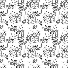 Hand drawn cake, bakery, and pastry seamless pattern with strawberry and floral leaf elements in black linear style and isolated white background for textile, fabric, paper, or gift wrapping