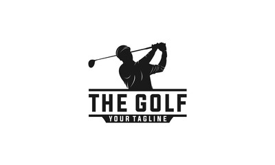 logo for golf with illustration of a golfer hitting a golf ball