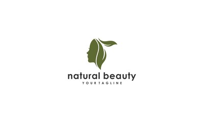 logo for natural beauty with beautiful face illustration and leaves that reflect natural beauty
