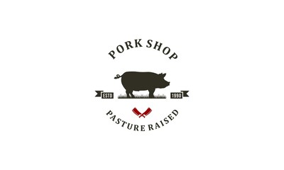 logo for pork shop with illustration of a pork that is fat and has fresh and tasty meat