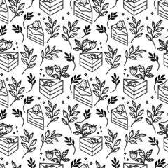 Fototapeta premium Hand drawn cake, bakery, and pastry seamless pattern with strawberry and floral leaf elements in black linear style and isolated white background for textile, fabric, paper, or gift wrapping
