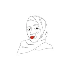 abstract one line drawing face of women with veil on white background