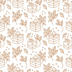 Hand drawn cake, bakery, and pastry seamless pattern with strawberry and floral leaf elements in vintage brown linear style and isolated white background for textile, fabric, paper, or gift wrapping