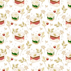 Hand drawn colorful cake, bakery, and pastry seamless pattern with strawberry and floral leaf elements in black linear style and isolated white background for textile, fabric, paper, or gift wrapping