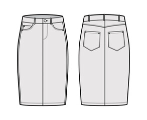 Denim pencil skirt technical fashion illustration with knee length, low waist rise, curved, coin, angled pockets. Flat bottom template front, back, grey color style. Women, men, unisex CAD mockup