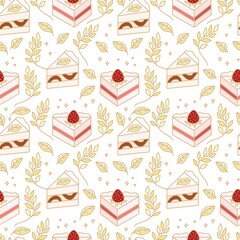 Hand drawn colorful cake, bakery, and pastry seamless pattern with strawberry and floral leaf elements in black linear style and isolated white background for textile, fabric, paper, or gift wrapping