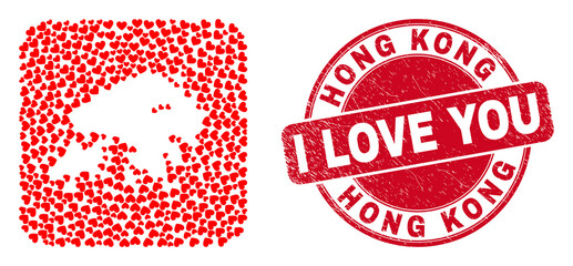 Vector mosaic Hong Kong map of lovely heart elements and grunge love badge. Mosaic geographic Hong Kong map created as subtraction from rounded square shape with valentine hearts.