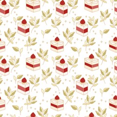 Hand drawn colorful cake, bakery, and pastry seamless pattern with strawberry and floral leaf elements in black linear style and isolated white background for textile, fabric, paper, or gift wrapping