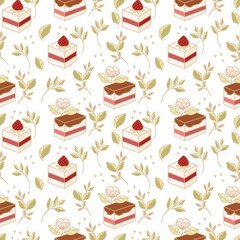 Hand drawn colorful cake, bakery, and pastry seamless pattern with strawberry and floral leaf elements in cute cartoon style and isolated white background for textile, fabric, paper, or gift wrapping
