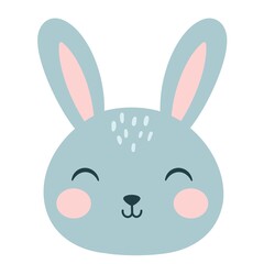 face of baby easter bunny. cute blue bunny boy. childrens easter illustration isolated on white background.