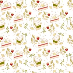 Hand drawn colorful cake, bakery, and pastry seamless pattern with strawberry and floral leaf elements in black linear style and isolated white background for textile, fabric, paper, or gift wrapping