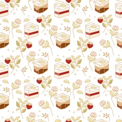 Hand drawn colorful cake, bakery, and pastry seamless pattern with strawberry and floral leaf elements in cute cartoon style and isolated white background for textile, fabric, paper, or gift wrapping