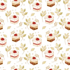 Hand drawn colorful cake, bakery, and pastry seamless pattern with strawberry and floral leaf elements in black linear style and isolated white background for textile, fabric, paper, or gift wrapping