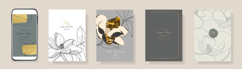 Luxury gray Social Media Wedding invite frame templates. Vector background. Mockup for social media banner. mobile Floral golden collage layout design.
