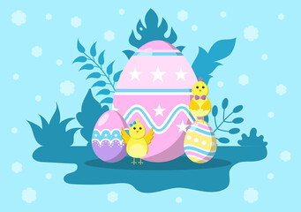 Happy Easter Day Flat Design Illustration Background for Poster, Invitation, and Greeting Card. Rabbit and Eggs Concept.