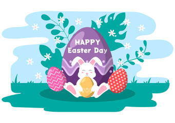 Happy Easter Day Flat Design Illustration Background for Poster, Invitation, and Greeting Card. Rabbit and Eggs Concept.