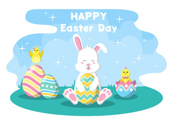 Happy Easter Day Flat Design Illustration Background for Poster, Invitation, and Greeting Card. Rabbit and Eggs Concept.