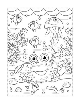 Crab connect the dots full page picture puzzle and coloring page, underwater life themed, with fish, jellyfish, seabed, algae
