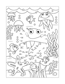 Jellyfish connect the dots full page picture puzzle and coloring page, underwater life themed, with fish, starfish, seabed, algae
