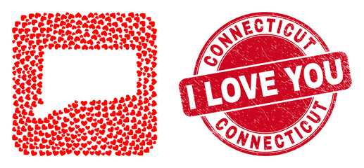 Vector collage Connecticut State map of love heart elements and grunge love badge. Collage geographic Connecticut State map designed as carved shape from rounded square shape with valentine hearts.