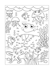 Fototapeta premium Jellyfish connect the dots full page picture puzzle and coloring page, underwater life themed, with fish, starfish, seabed, algae 