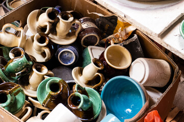 Ceramics on the elaboration process at a traditional factory at the small city of Raquira in Colombia