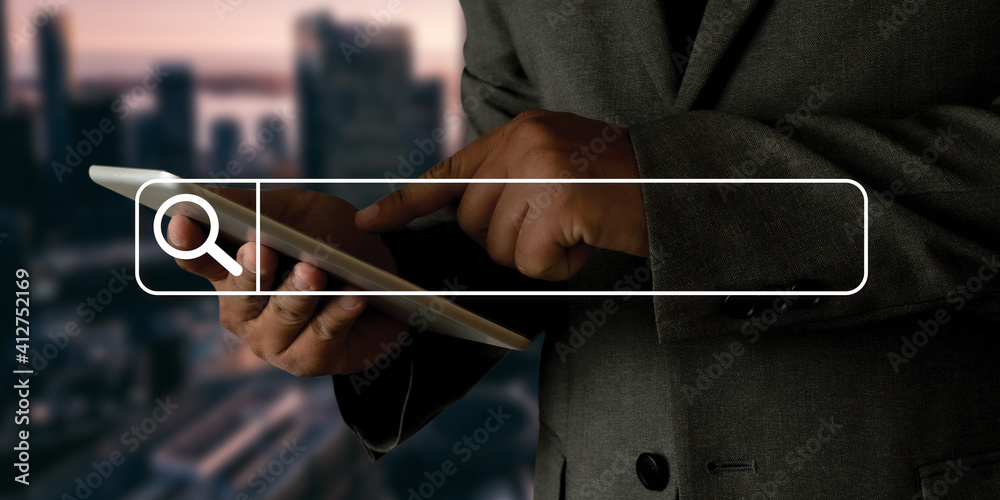 Poster businessman using searching browsing internet internet of things iot internet in work information co