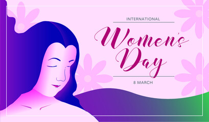 Happy international women's day vector illustration concept, beautiful girl and flower illustration from side view. Horizontal banner. can use for greeting card, poster, landing page, banner, flyer.