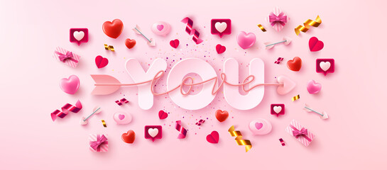 Love You Card or Banner with symbol of arrow love script over you word and valentine elements on pink background.Promotion and shopping template for love and Valentine's day in flat lay style.