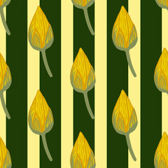 Wilflife asian botany seamless pattern with doodle lotus bud elements. Yellow flowers and striped background.