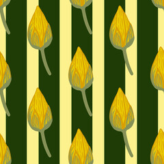 Wilflife asian botany seamless pattern with doodle lotus bud elements. Yellow flowers and striped background.