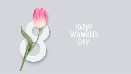 International Women's Day greeting card design template. 8 March concept.  Tulip in front of number eight on gray background. Happy Women's Day  text. Vector stock illustration.