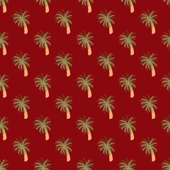 Hawaiian seamless pattern with beach palm tree ornament in green pale tones. Maroon background.