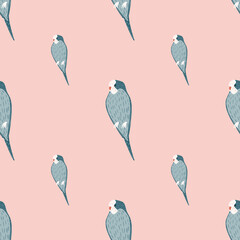 Minimalistic style seamless pattern with blue colored parrot ornament. Pink background. SImple design.