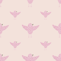 Minimalistic animal seamless pattern with pink simple birds ornament. Pastel palette artwork.