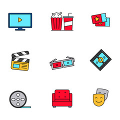 Set of cinema and movie related vector illustration isolated on white background. Linear color style of cinema icon