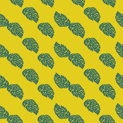 Nature seamless botanic pattern with green colored monstera leaves ornament. Yellow bright background.