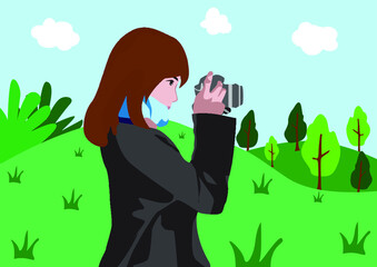 Woman holding camera with natural background