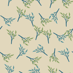 Random pastel tones seamless pattern with blue and green colored leaves branches shapes. Pink pale background.
