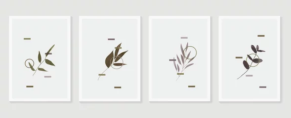 Botanischer Wandkunst-Vektorsatz. Erdfarbener Hintergrund Laub Strichzeichnung mit abstrakter Form und Aquarell. Design für gerahmte Wanddrucke, Leinwanddrucke, Poster, Wohnkultur, Cover, Tapeten. © TWINS DESIGN STUDIO