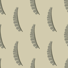Abstract doodle seamless flora pattern with grey fern leaf silhouettes print. Beige pale background.