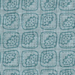 Obraz premium Aegean teal mottled geo patterned linen texture background. Summer coastal living style home decor fabric effect. Sea green wash grunge distressed geometric grid. Decorative textile seamless pattern 