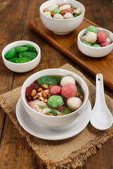 Wedang Sekoteng. Traditional Javanese warm dessert of glutinous rice ball, sago pearls, toddy palm fruit, 