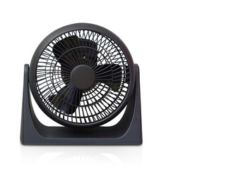 front view black table fan on white background, technology, object, copy space