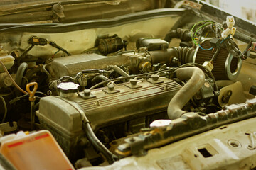 close up old engine car in the garage