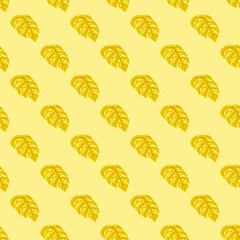 Abstract seamless pattern with yellow colored monstera doodle shapes. Light pastel background.