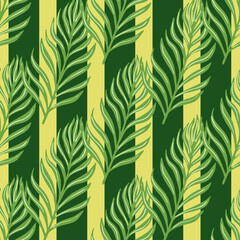 Botany seamless pattern with hand drawn green fern foliage shapes print. Striped green olive background.