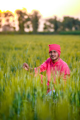 Happy young indian farmer at green wheat field